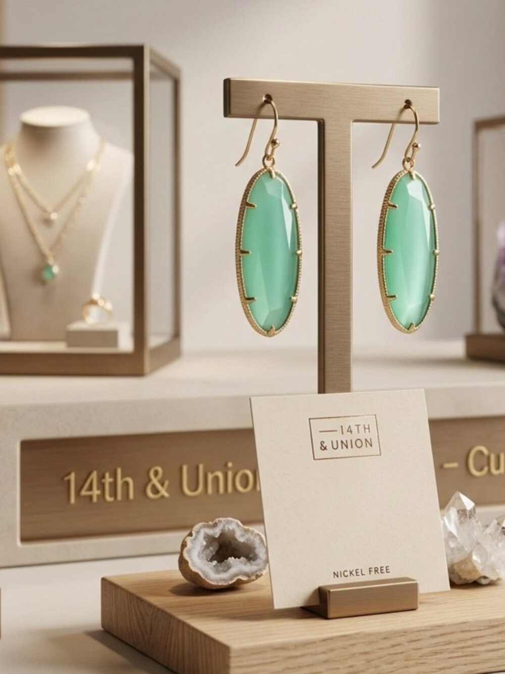14th & Union Gold Tone Seafoam Green Oval Drop Earrings Fishhook 1.75"